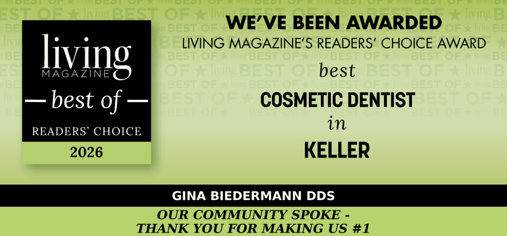Banner of Best Cosmetic Dentist Award by living magazine in Keller awarded to Gina Biedermann DDS